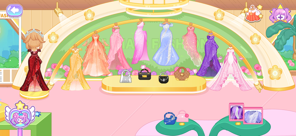 Uma vitrine de boutique de moda em Slimaid Princess Idol Life com vestidos elegantes coloridos e bolsas.