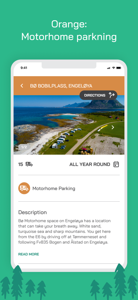 Mobile App-Oberfläche für Campersite Norwegen, die Details zu Wohnmobilstellplätzen und eine malerische Drohnenansicht der Küste anzeigt.