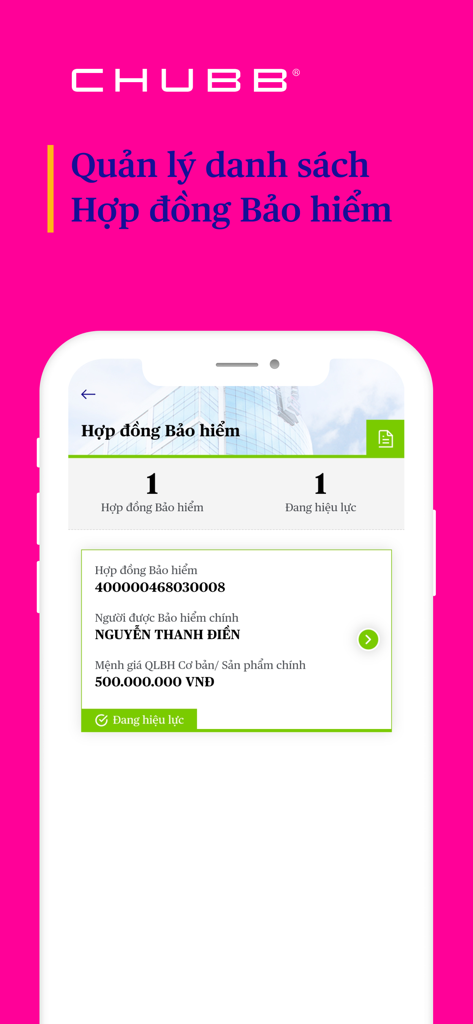 CHUBB eConnect - Chubb eConnect mobile app interface for managing Vietnamese life insurance policies