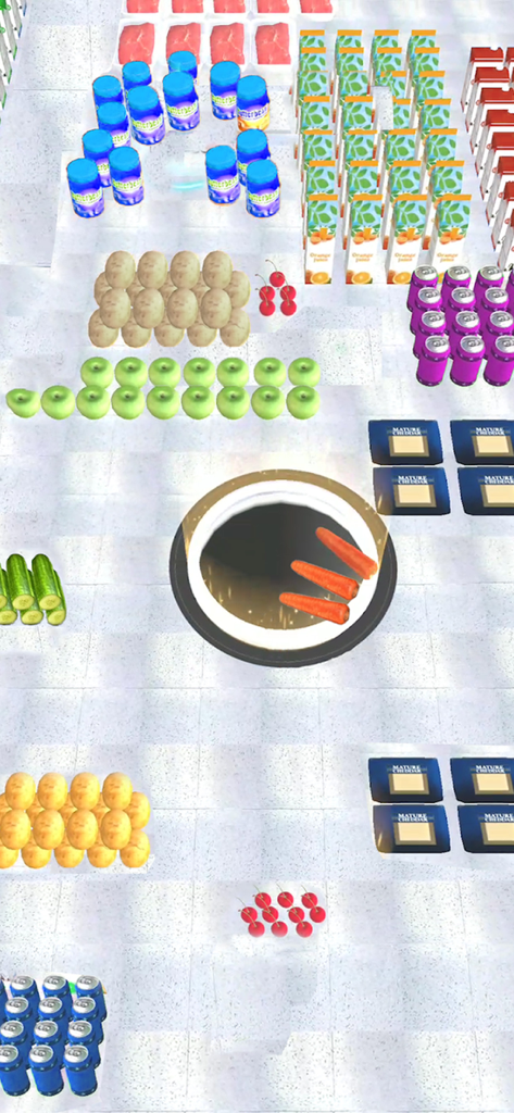 A black hole swallowing carrots and other grocery items on a tiled floor in a hyper-casual mobile game.
