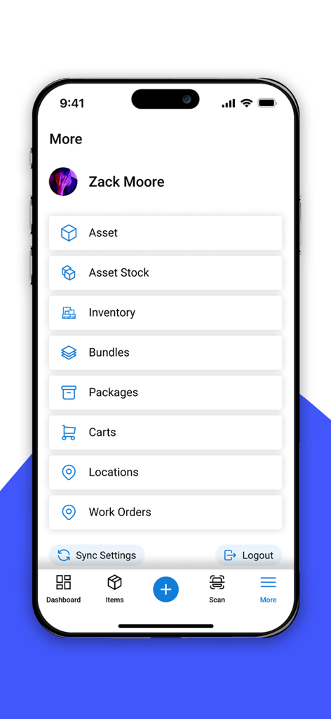 EZO - Mobile Benutzeroberfläche der EZO-App, die Navigationskategorien wie Asset-Inventar und Arbeitsaufträge anzeigt