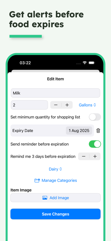 Pantry Check - Pantry Check app screen showing the edit item interface with options to set food expiration dates and reminders