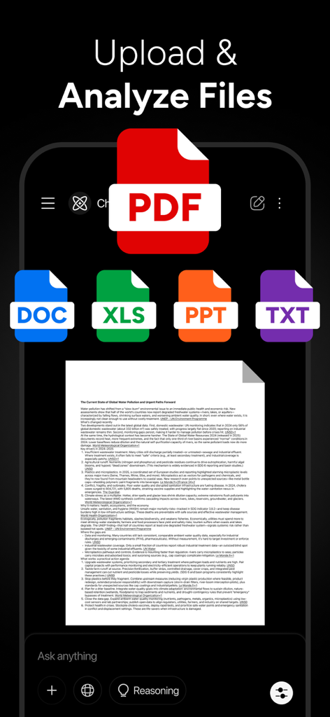Genie AI Chatbot interface showcasing the ability to upload and analyze PDF DOC XLS and PPT files for instant insights