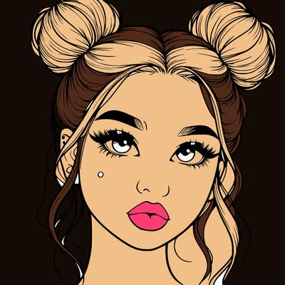 realistic girl with two buns on her hair and lips
