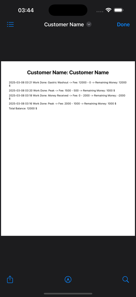 Detailed transaction history report for a veterinary client showing services and balance