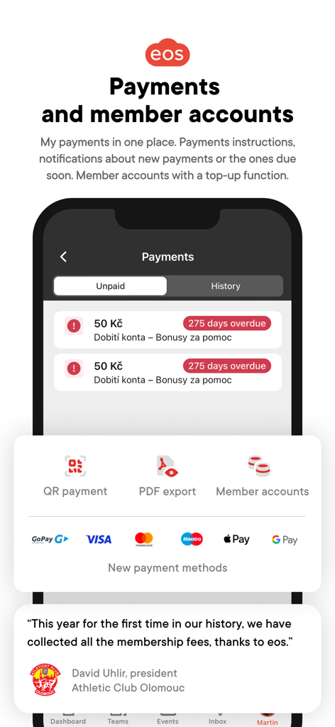 EOS for clubs and communities - Mobile app interface for managing club payments and member accounts including Apple Pay and Google Pay