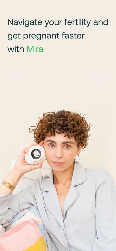 Mira Fertility & Cycle Tracker - A woman holding a Mira hormone tracking device next to text about navigating fertility and getting pregnant faster.