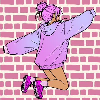 realistic girl jumping with a bun and oversized sweatshirt