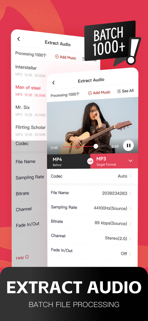 Mobile app interface showing batch video to MP3 conversion and audio extraction settings