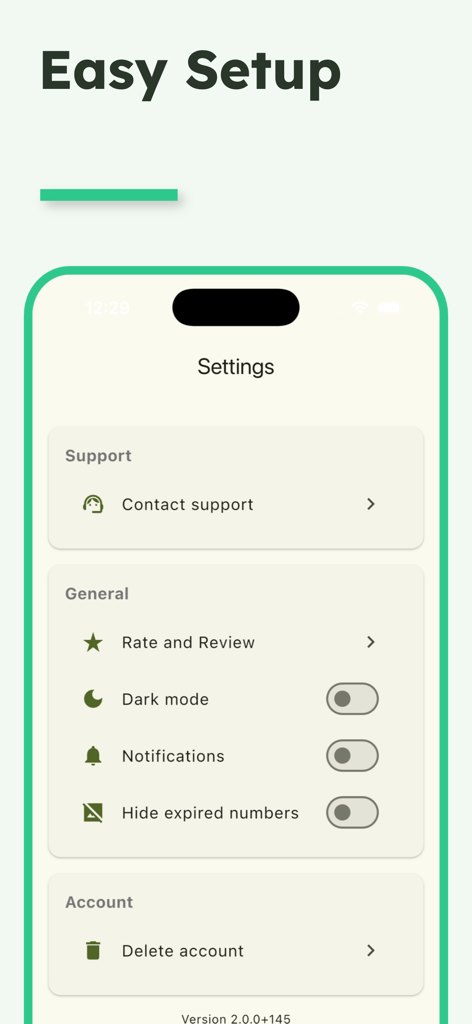 Second number : 2nd phone line - Der Einstellungsbildschirm der Zweitnummer-App mit Optionen für Supportkontakt, Dark Mode, Benachrichtigungen und Kontolöschung.