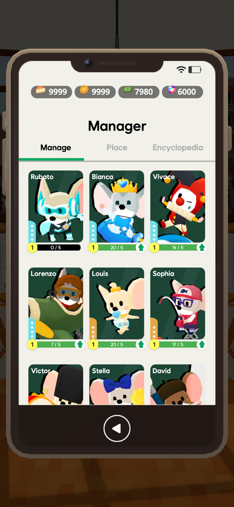Tiny Cafe - A screen from Tiny Cafe showing a collection of cute cat and mouse manager cards with different outfits and skills