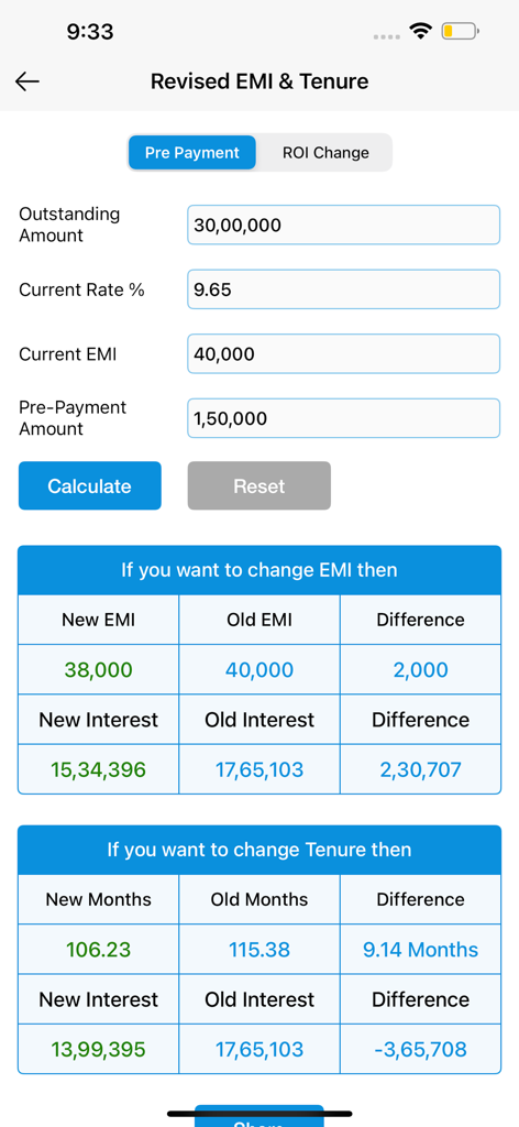 EMI calculator screen showing the impact of loan prepayment on interest savings and tenure reduction