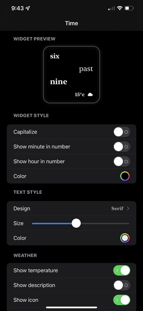 Interface do aplicativo Time mostrando opções de personalização para o estilo do widget, design de texto e informações meteorológicas