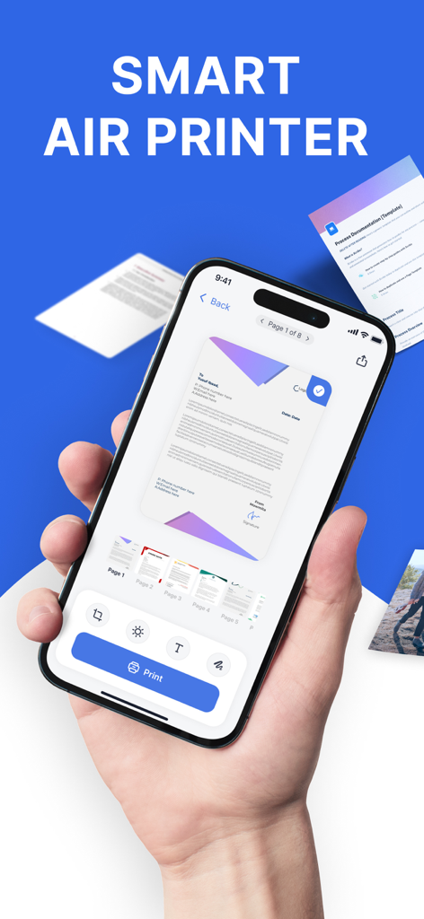 Smart Air Printer: Scan & Edit - Pantalla de smartphone mostrando funciones de edición e impresión de documentos en la aplicación Smart Air Printer