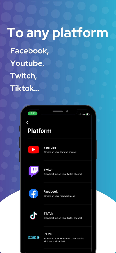 Smartphone screen showing options to broadcast sports live to YouTube, Twitch, Facebook, TikTok, and custom RTMP platforms.
