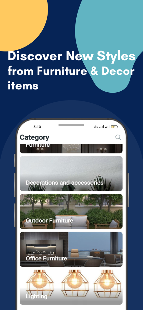 CHIC HOMZ - CHIC HOMZ mobile app interface displaying furniture and home decor categories including outdoor, office, and lighting