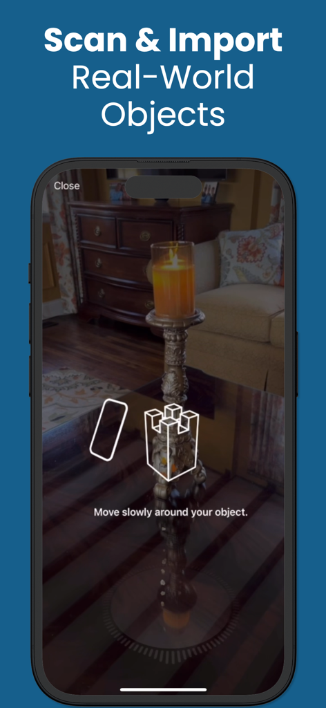 Interior Design PRO app interface showing how to scan and import real-world objects into a design.