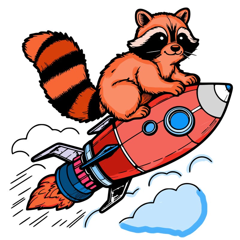 realistic raccoon flying on top rocket ship