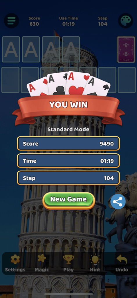 A winning screen in a Klondike Solitaire game showing player statistics over a Leaning Tower of Pisa background