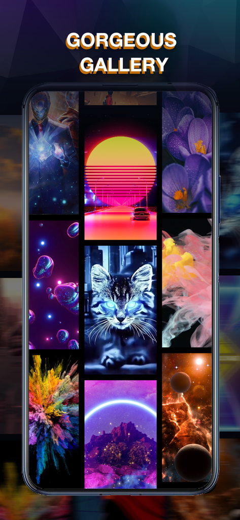 Smartphone screen displaying a variety of artistic and colorful wallpapers in the OPixels app.