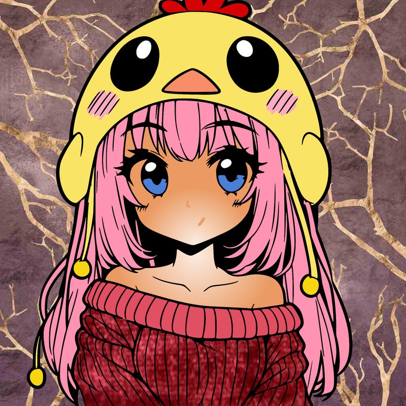anime girl with chick shaped hat with sweater with bare shoulders with bangs covering them one eye with low tail