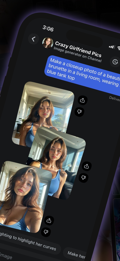 Channel - AI Videos and Chat - A chat interface in the Channel app showing photorealistic images of a woman generated from a text prompt