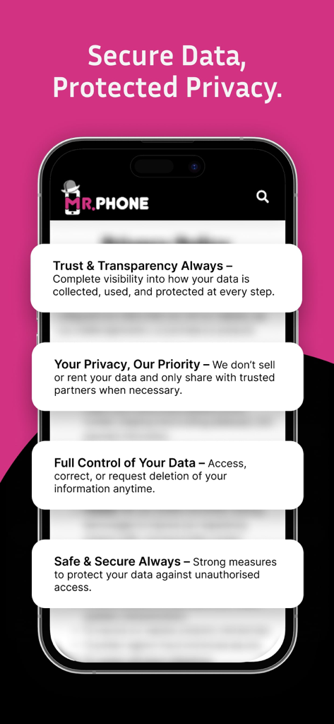 Interfaz de la aplicación Mr. Phone que muestra funciones seguras de datos y protección de la privacidad.
