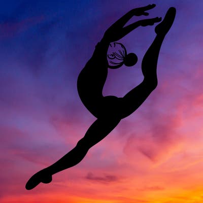 gymnast doing a leap in a leotard with a bent back leg