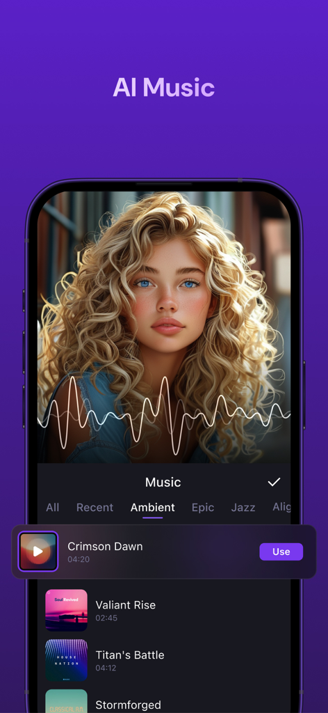Interfaz de la app Zeemo mostrando selección de música IA con una superposición de forma de onda en un retrato