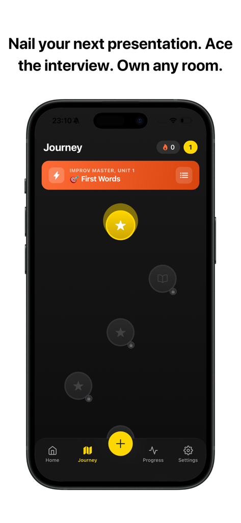 Confidently app screen showing the speaking journey map with improv challenges and presentation skill goals.
