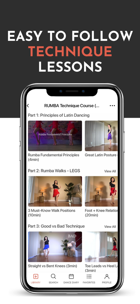 Hips+Heels: Latin Dance Basics - A mobile screen showing organized Latin dance video lessons for Rumba technique including walks and posture.