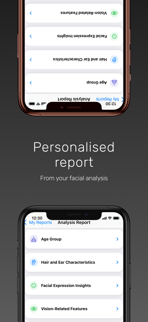 Ancestry & Ethnicity: Face DNA - Une interface d'application mobile affichant un rapport d'analyse faciale personnalisé avec des catégories telles que la tranche d'âge, les cheveux et les informations sur l'expression faciale