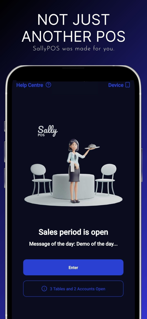 Sally POS - Sally POS mobile App-Oberfläche, die den Startbildschirm mit einer Illustration einer Kellnerin und dem Verkaufsstatus zeigt.