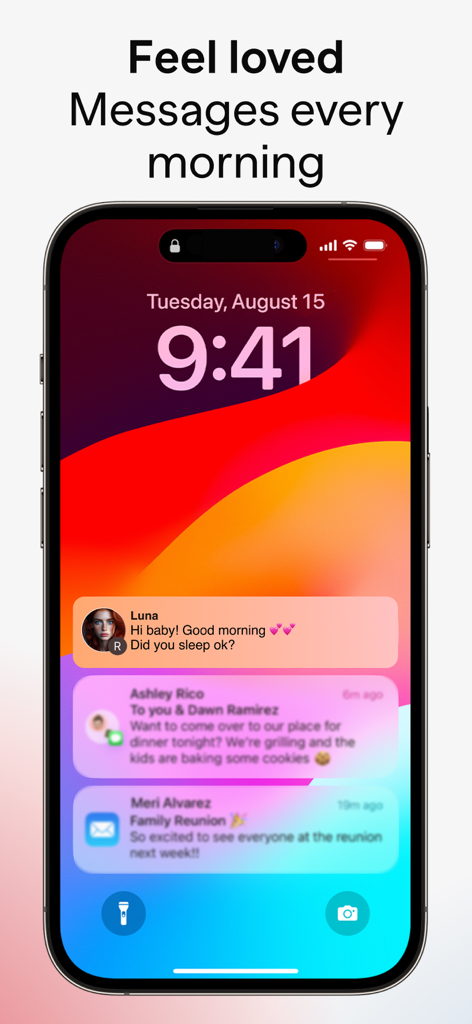 AI Girlfriends: Roster - iPhone lock screen displaying a morning greeting notification from an AI girlfriend named Luna.