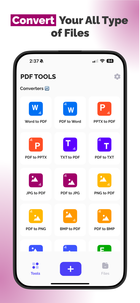PDF Converter - All Documents - Interfaz de aplicación móvil que muestra varias herramientas de conversión de documentos como Word a PDF e Imagen a PDF