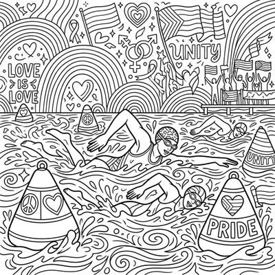 Embrace the spirit of competition and celebration with this unique coloring page featuring triathlon swimmers amidst a vibrant Pride Month backdrop. Express your creativity by adding your favorite colors to symbols of love, unity, and athletic achievement.