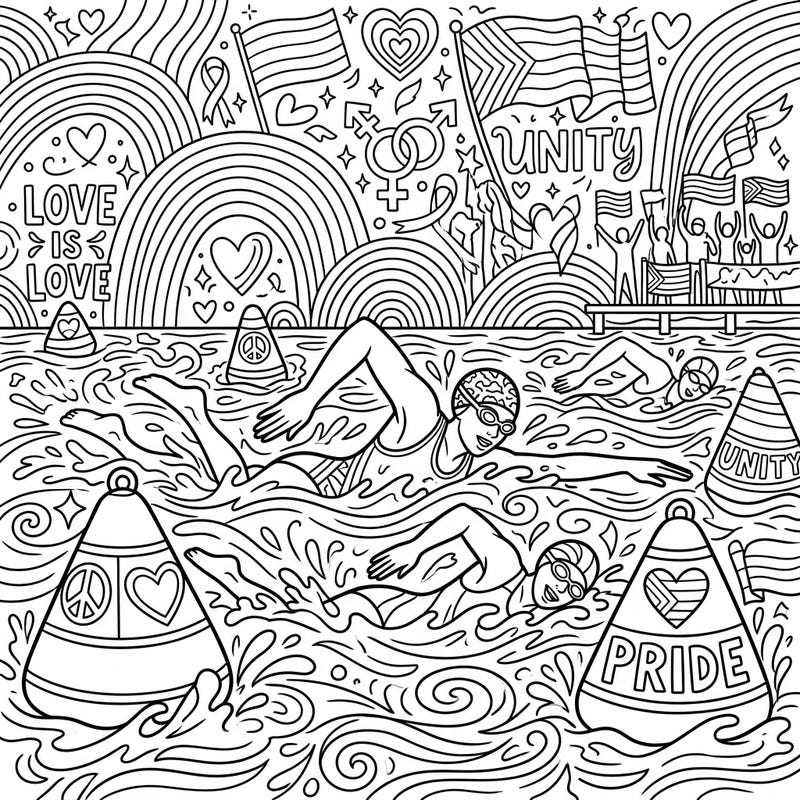 Embrace the spirit of competition and celebration with this unique coloring page featuring triathlon swimmers amidst a vibrant Pride Month backdrop. Express your creativity by adding your favorite colors to symbols of love, unity, and athletic achievement.
