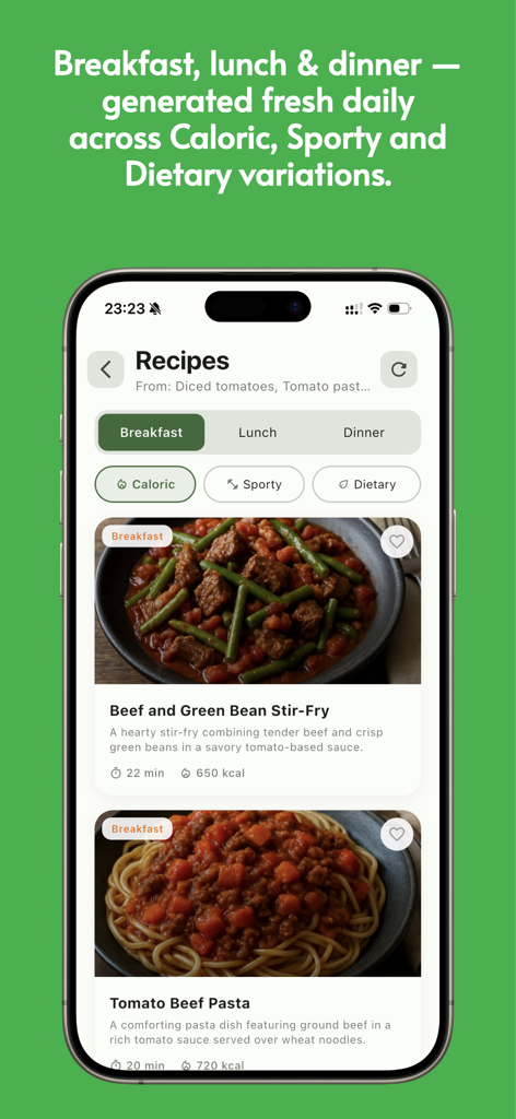 Interfaz de la aplicación Fridgey que muestra recetas generadas por IA para el desayuno con filtros para variaciones calóricas, deportivas y dietéticas