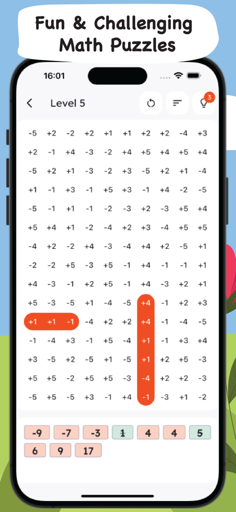 Cross Math: Math Puzzle Games - Capture d'écran du gameplay de Cross Math montrant une grille de chiffres et d'équations mathématiques sur un appareil mobile