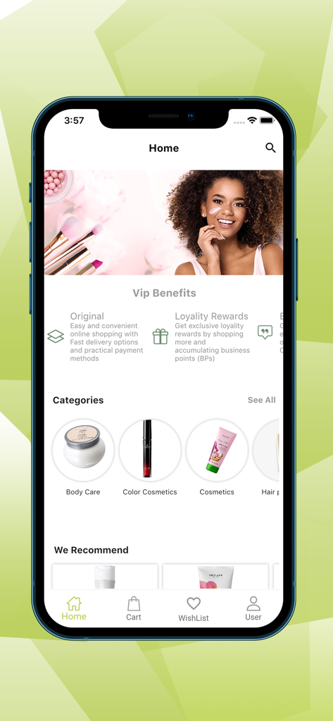 Oriflame Nepal - Oriflame Nepal mobile app home screen showing beauty product categories and VIP loyalty rewards