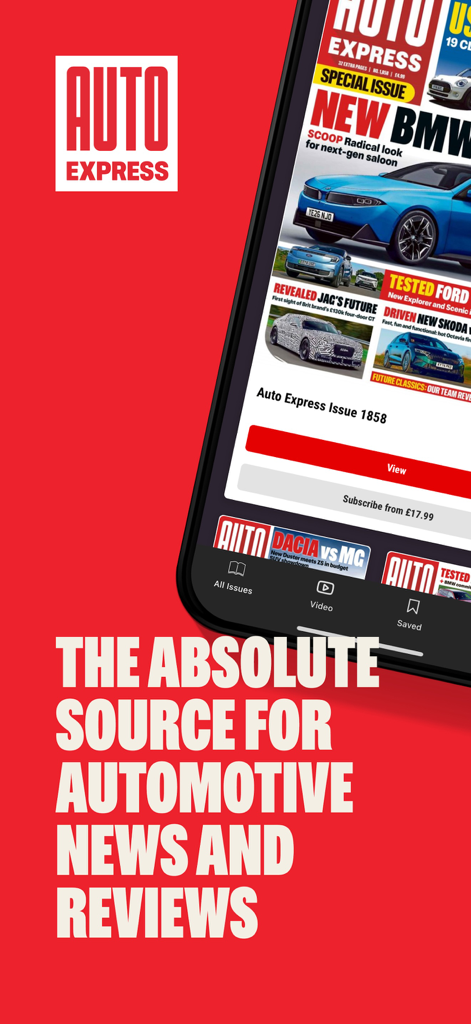 Smartphone-Bildschirm, der die Auto Express-App für Nachrichten und Bewertungen aus der Automobilbranche zeigt.