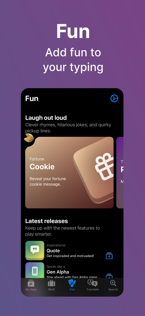 La aplicación Smart Keys muestra divertidas herramientas de escritura IA como galletas de la fortuna y citas.
