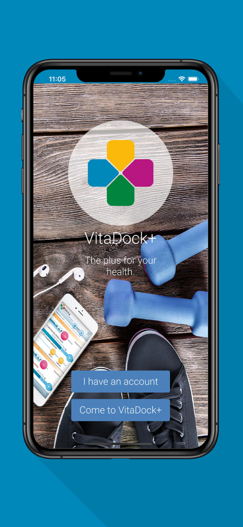 Pantalla de bienvenida de la aplicación de salud VitaDock plus con el logo de la aplicación y equipo de fitness