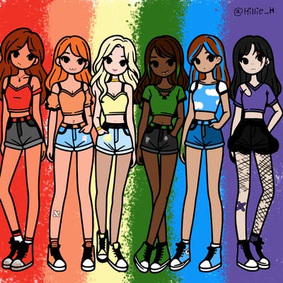 a group of girls wearing crop tops and shorts