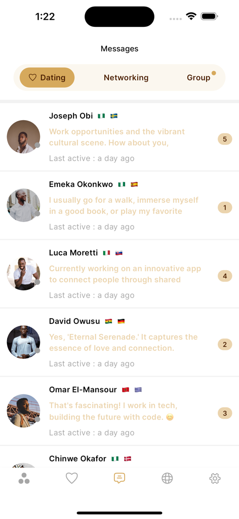 Elite Ndolo - Afro Dating - Pantalla de mensajes en la aplicación Elite Ndolo que muestra una lista de conversaciones de chat para citas afro.