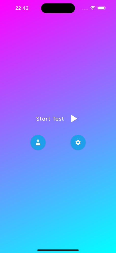 Stroop Buddy - La interfaz principal de la app Stroop Buddy mostrando el botón Iniciar Prueba e iconos de configuración sobre un fondo degradado azul y púrpura