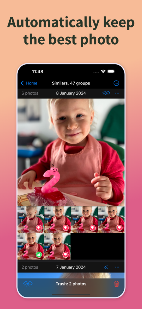 PhotoSweeper Mobile - PhotoSweeper Mobile app interface showing AI automatically selecting the best photo from a group of similar toddler pictures