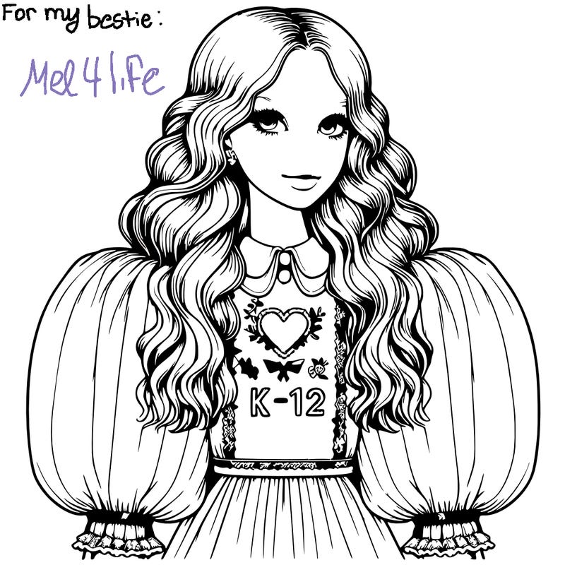 hyper realistic girl with puffed sleeves dress, with a embroidered hear that says k-12 and long wavy hair,