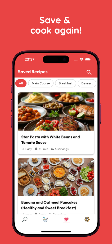 Tarif Ai - Tarif Ai App-Oberfläche, die eine Liste gespeicherter Rezepte mit Filteroptionen für Hauptgerichte und Frühstück anzeigt