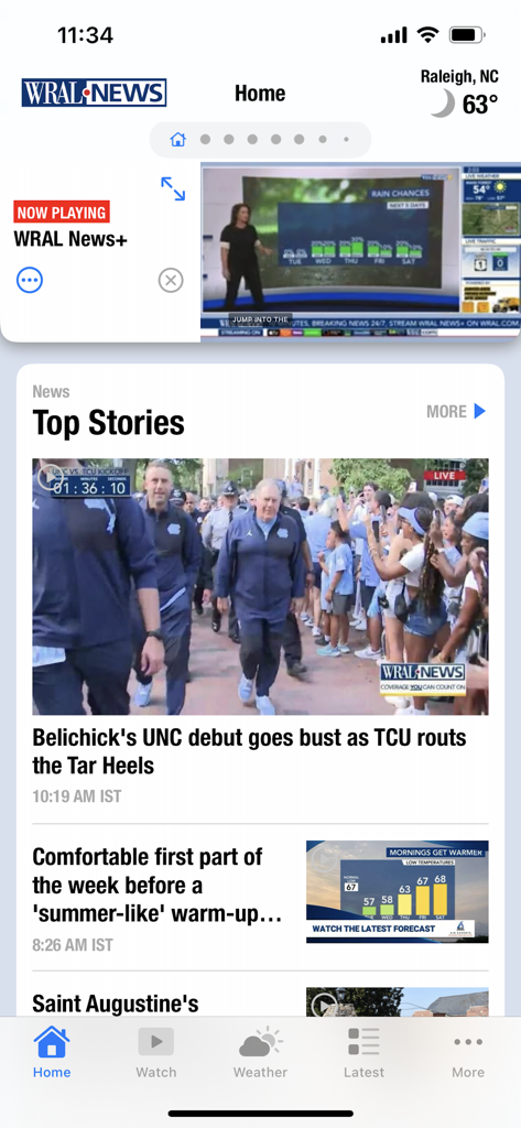 WRAL News Mobile - The home screen of the WRAL News mobile app displaying top stories about local North Carolina sports and weather updates